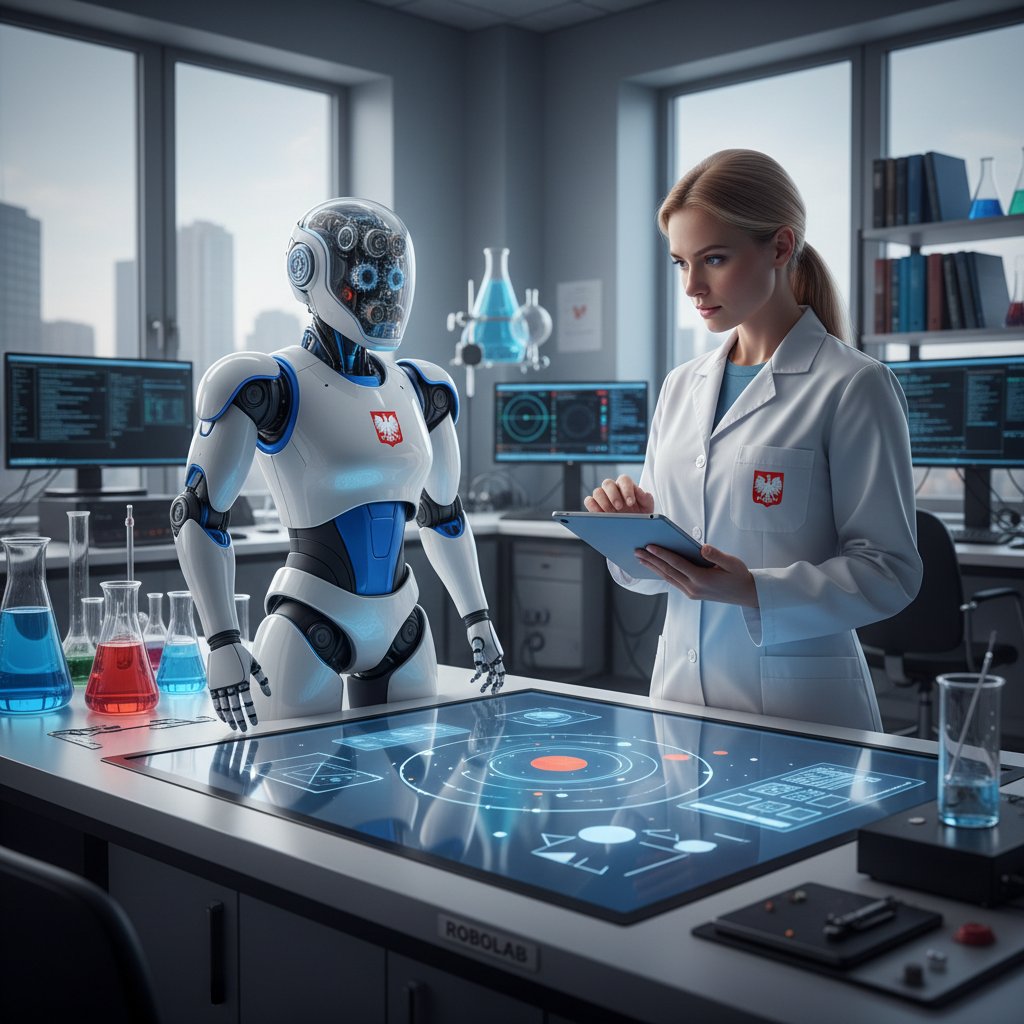 Polski naukowiec testujący robota edukacyjnego w laboratorium
