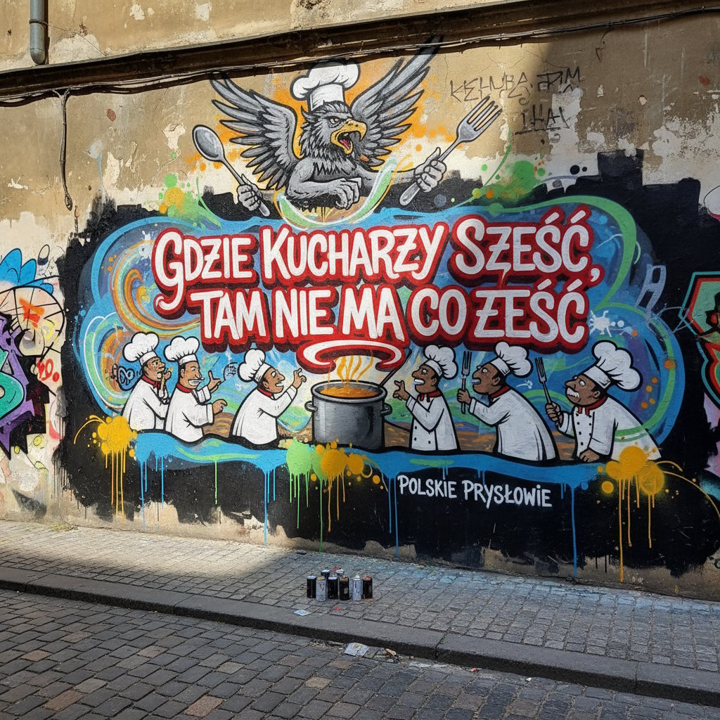 Kolaż graffiti i polskich przysłów, ilustrujący językowe maskowanie trybów schematów