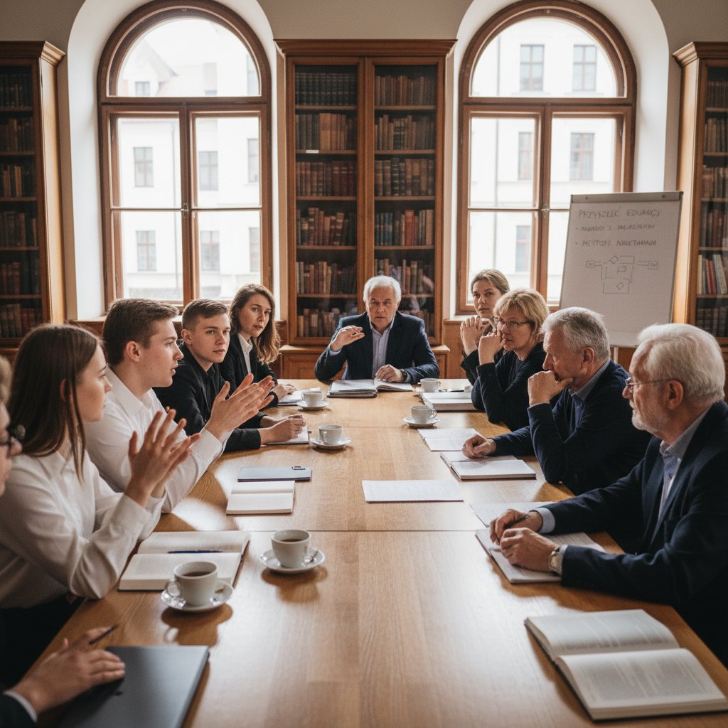 Polscy studenci podczas debaty przy długim stole, różne pokolenia, różne przekonania