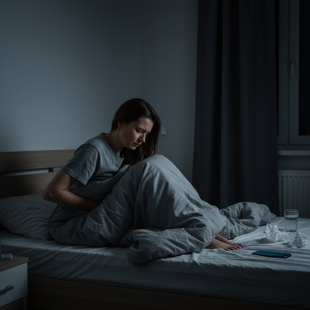 Kobieta w ciemnym pokoju, siedzi na łóżku obejmując kolana, obrazująca samotność i ból PMDD
