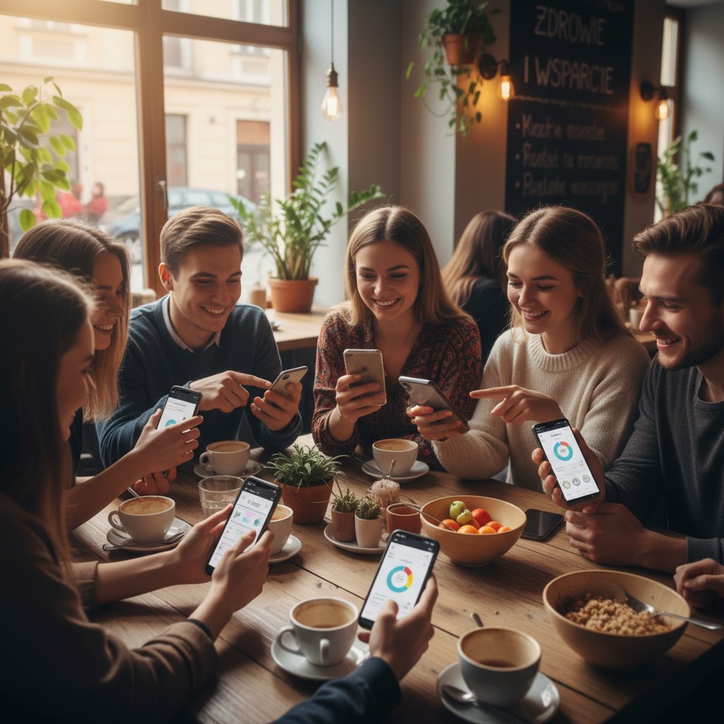 Grupa młodych Polaków siedzących w kawiarni, każdy patrzy na swój telefon z aplikacją zdrowotną, przyjazna atmosfera wsparcia