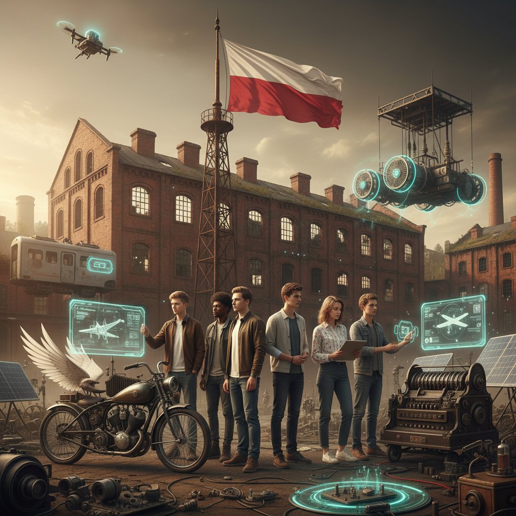 Polska młodzież z flagą, trzymająca stare i nowe wynalazki – symbol dziedzictwa technologicznego