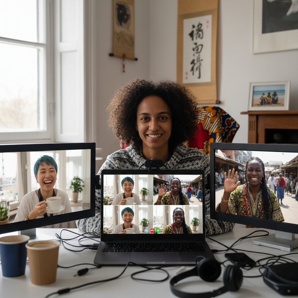 Photo: laptop screens with multiple faces, diverse couples in video call—poly relationships, long-distance therapy