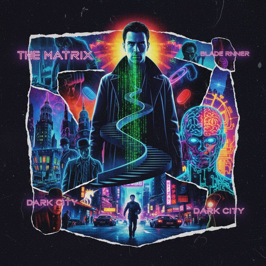 Poster collage of iconic mind-bending films like The Matrix, Blade Runner 2049, Dark City, neon colors, stylized montage