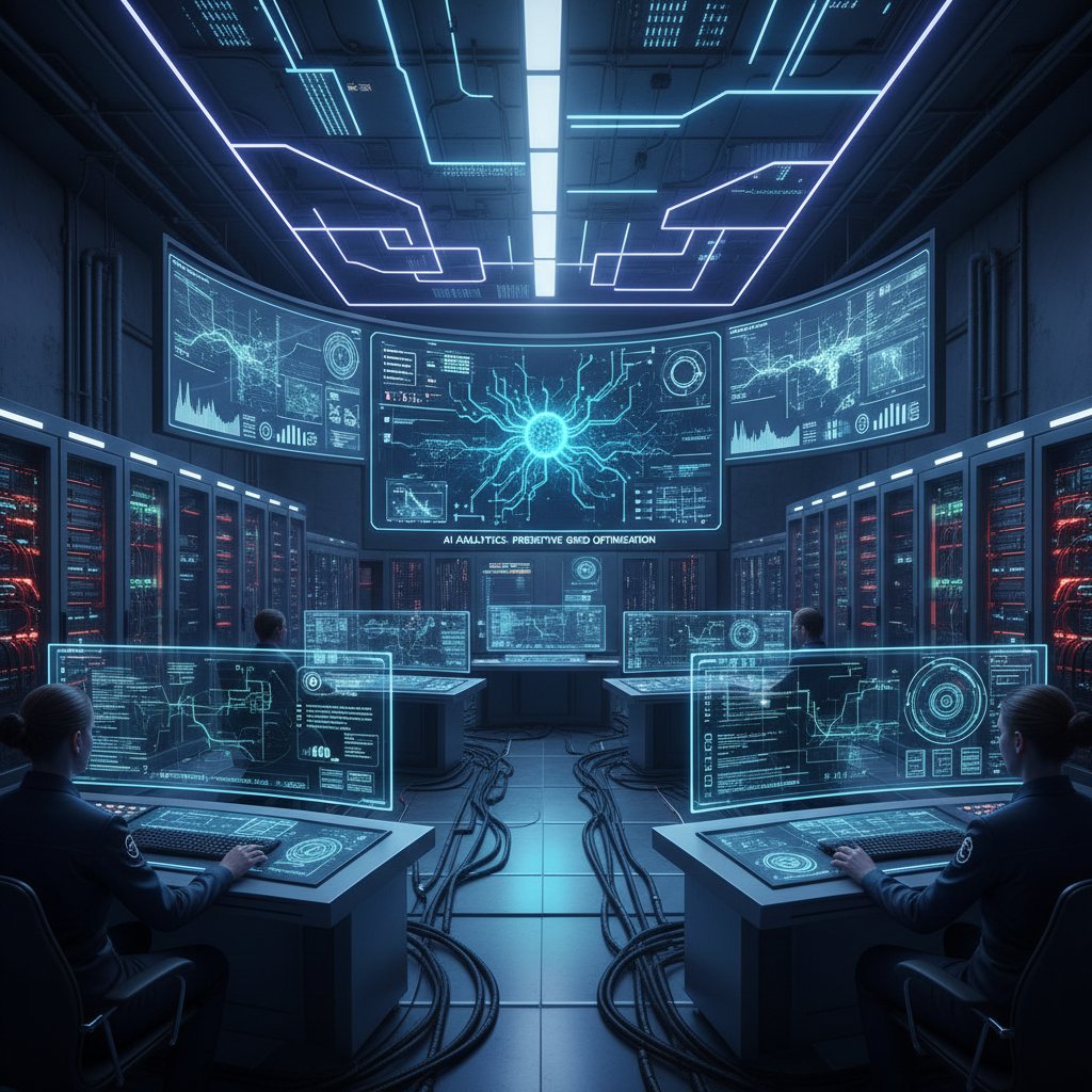Nowoczesna sala kontrolna elektrowni z ekranami AI i mapą sieci energetycznej