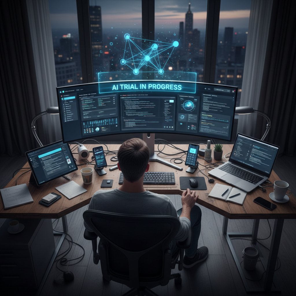 Energetic photo of a power user surrounded by multiple devices, maximizing productivity assistant free trial with custom setup and intense focus