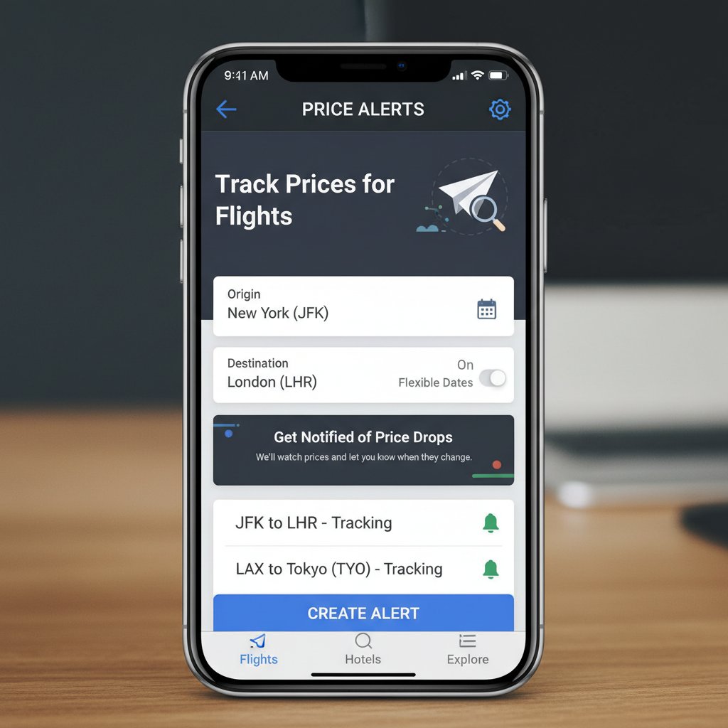 Screenshot-style illustration of alert configuration screen. Alt text: Detailed price alert setup process for airfare savings and notifications