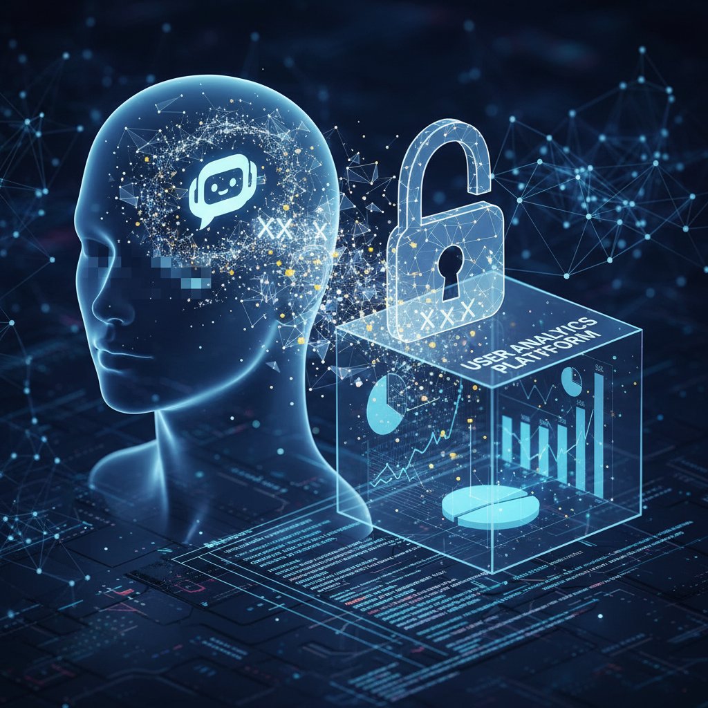 Shadowy room with blurred faces and data points, illustrating privacy risks in chatbot analytics