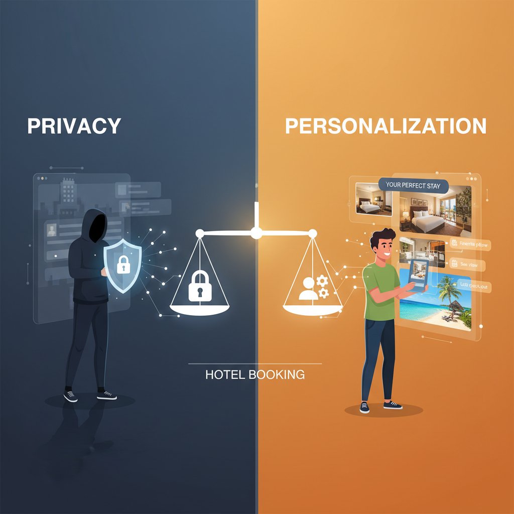Person weighs privacy versus personalization in hotel booking, digital device in a hotel room