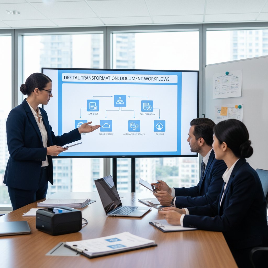 Procurement manager questioning document digitization methods vendor in a meeting room