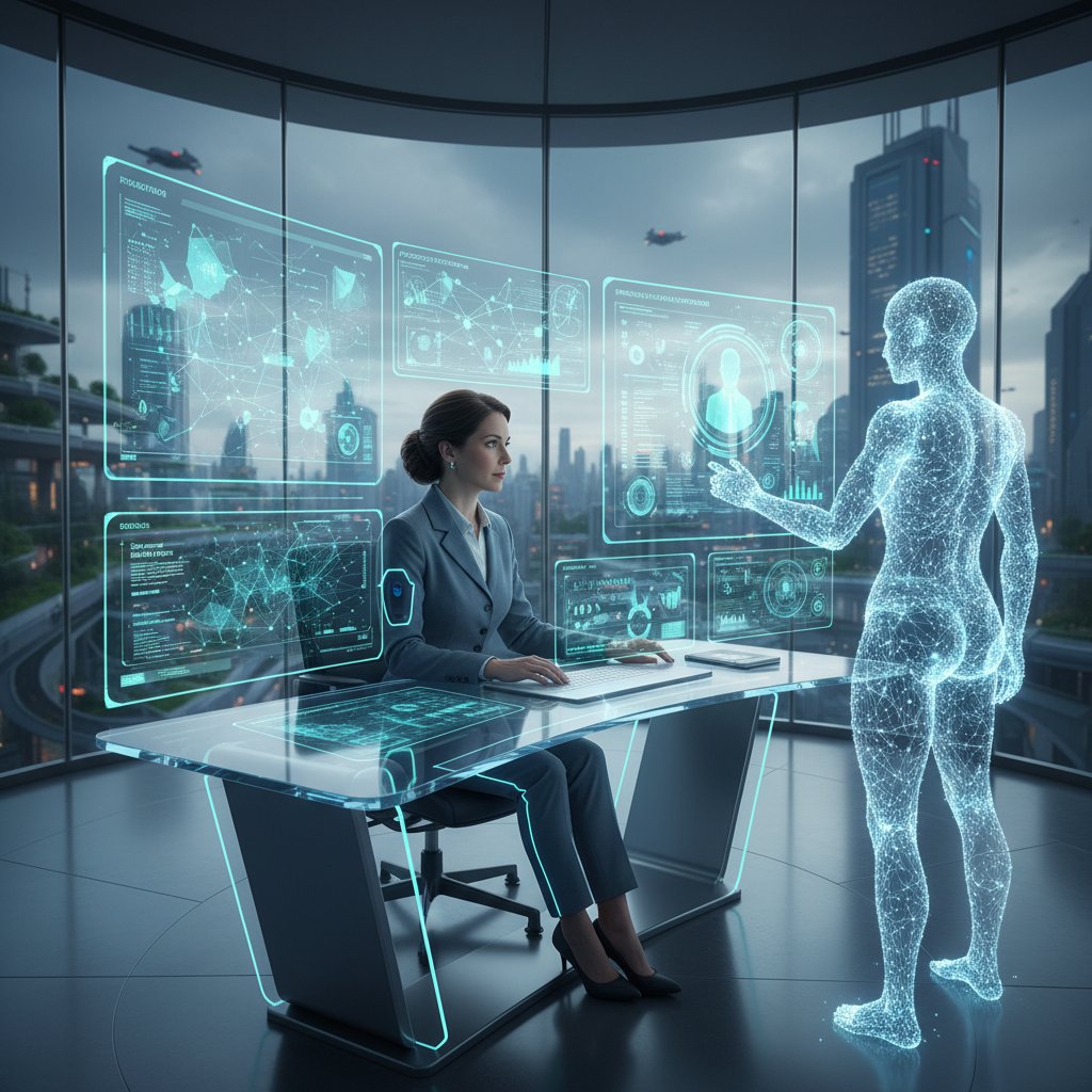 Human and AI productivity coordinator working together in a high-tech office, digital dashboard glowing, blending analog and digital teamwork.