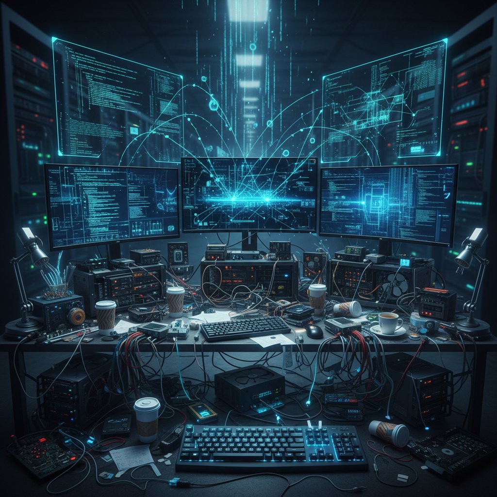 Professional at cluttered desk with digital data streams swirling, symbolizing information overload at work