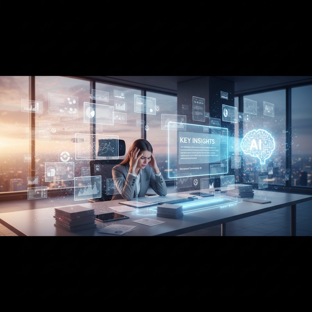 Professional surrounded by overwhelming stacks of paper turning into digital data streams, conveying information overload and AI document summarization