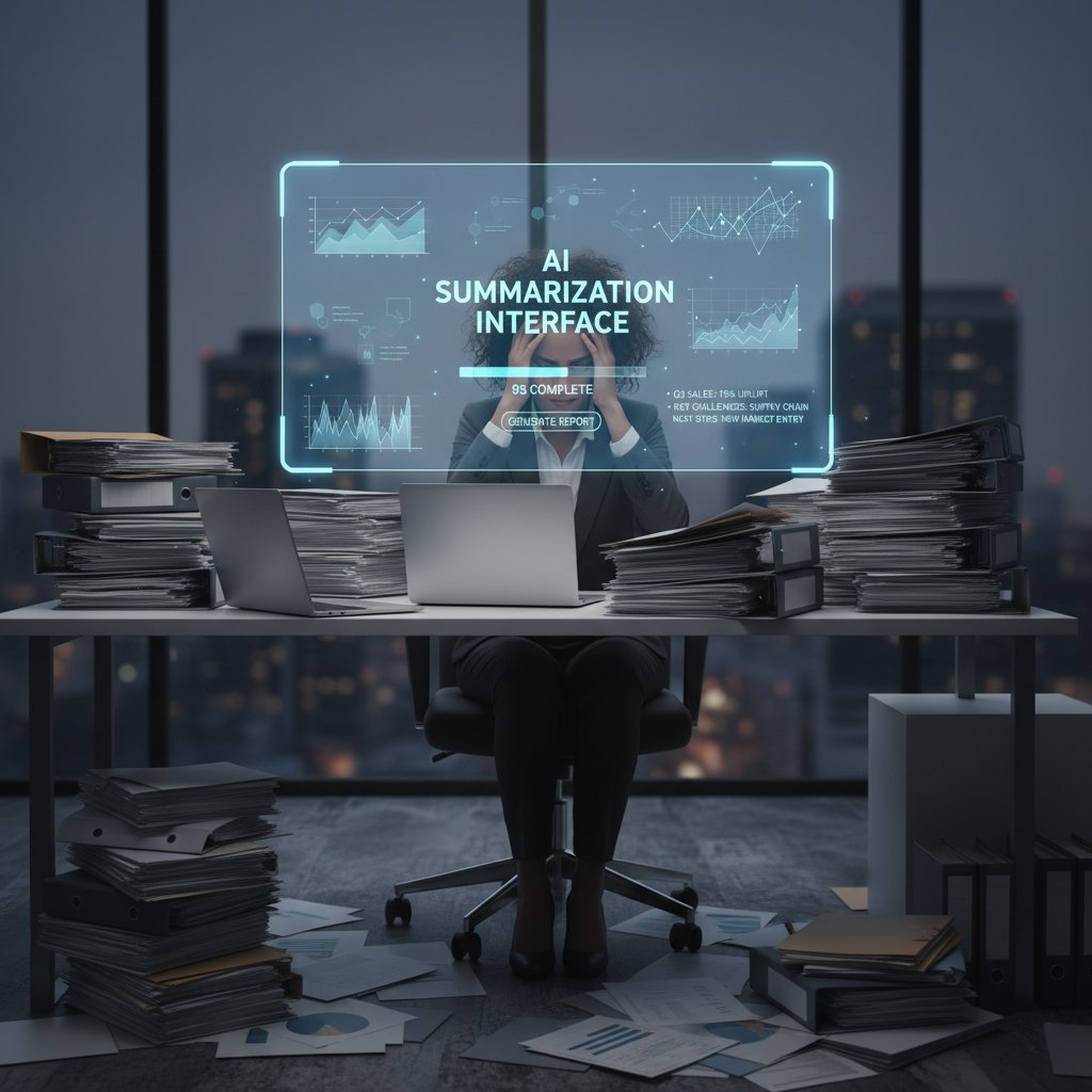 Urban professional overwhelmed by documents, AI summarization interface glowing brightly on screen