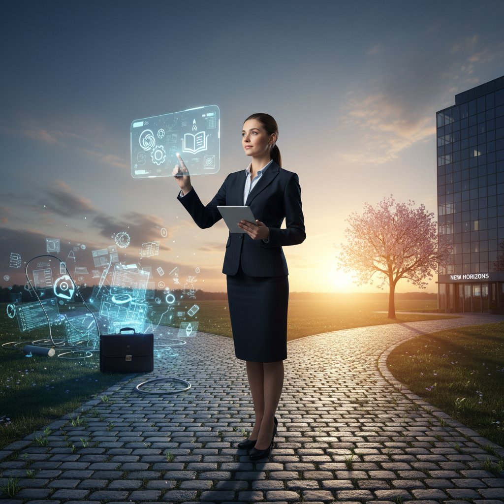 A professional standing at a crossroads with various workload tools and paths ahead, symbolizing new beginnings