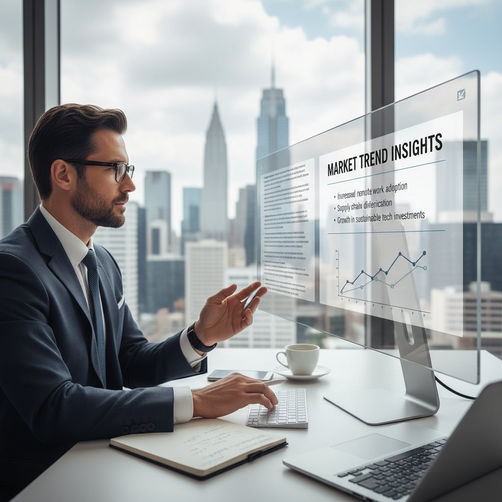 Determined professional using AI summarizer, digital interface projecting market trends and insights