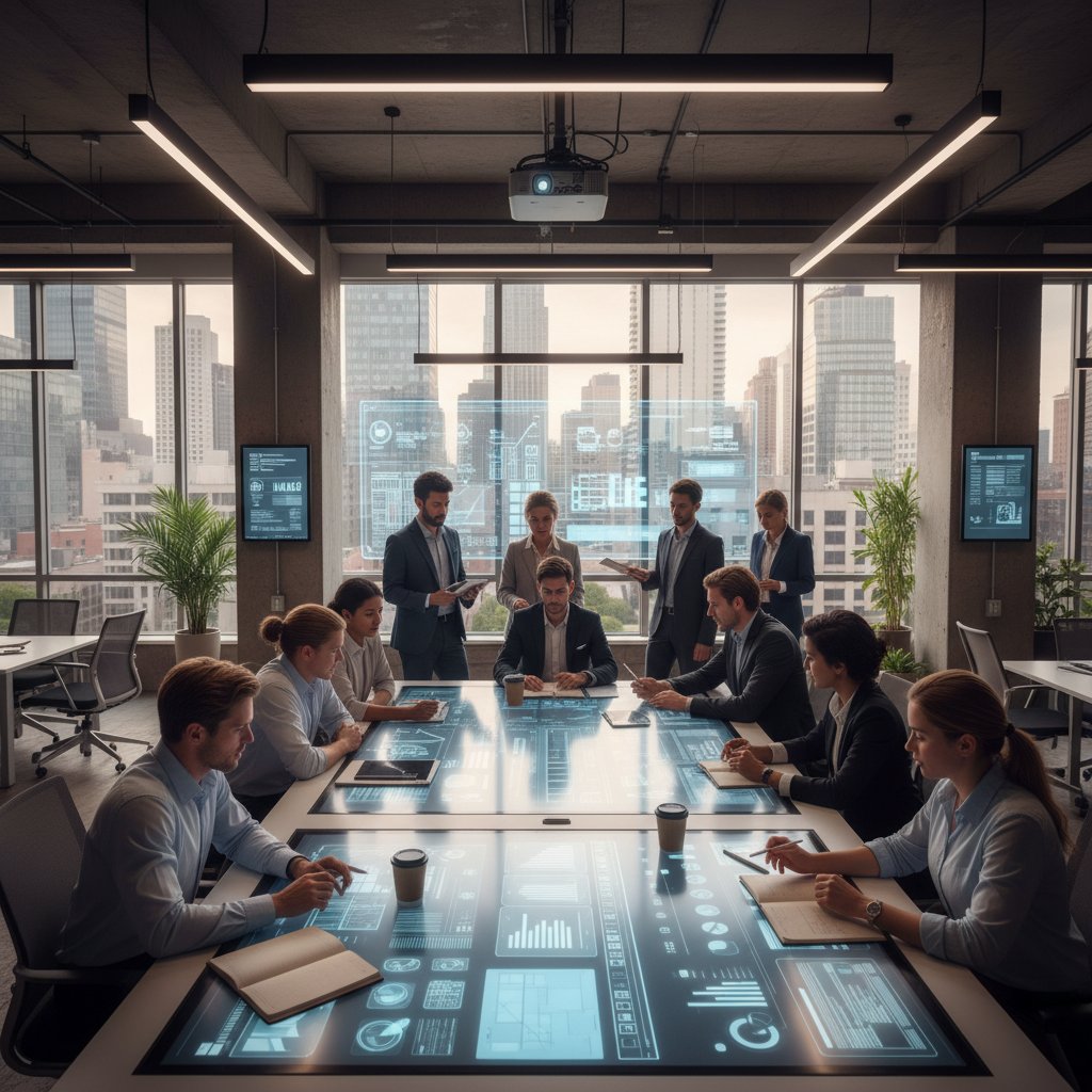 Group of professionals collaborating over digital documents in an urban workspace, symbolizing ongoing support and learning