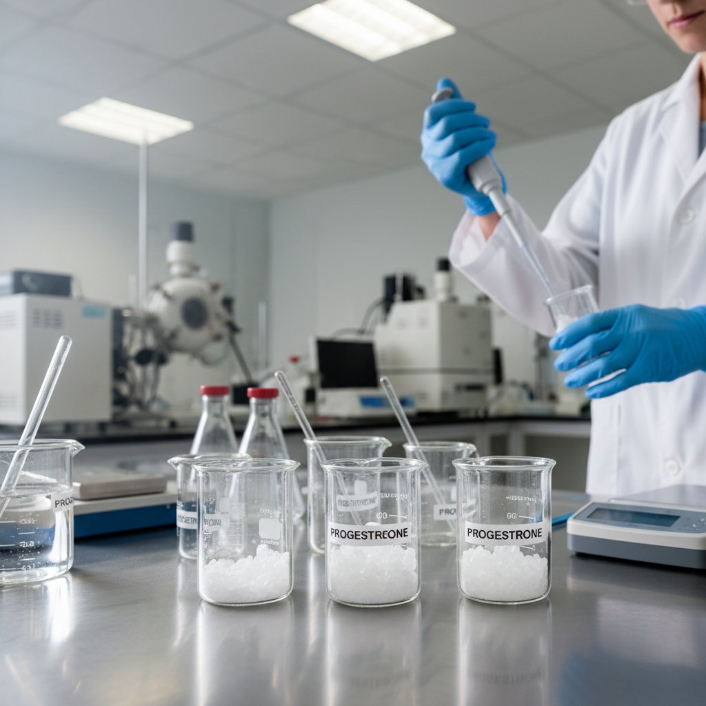 Makrofotografia cząsteczek progesteronu w laboratorium, obrazująca strukturę hormonu płciowego