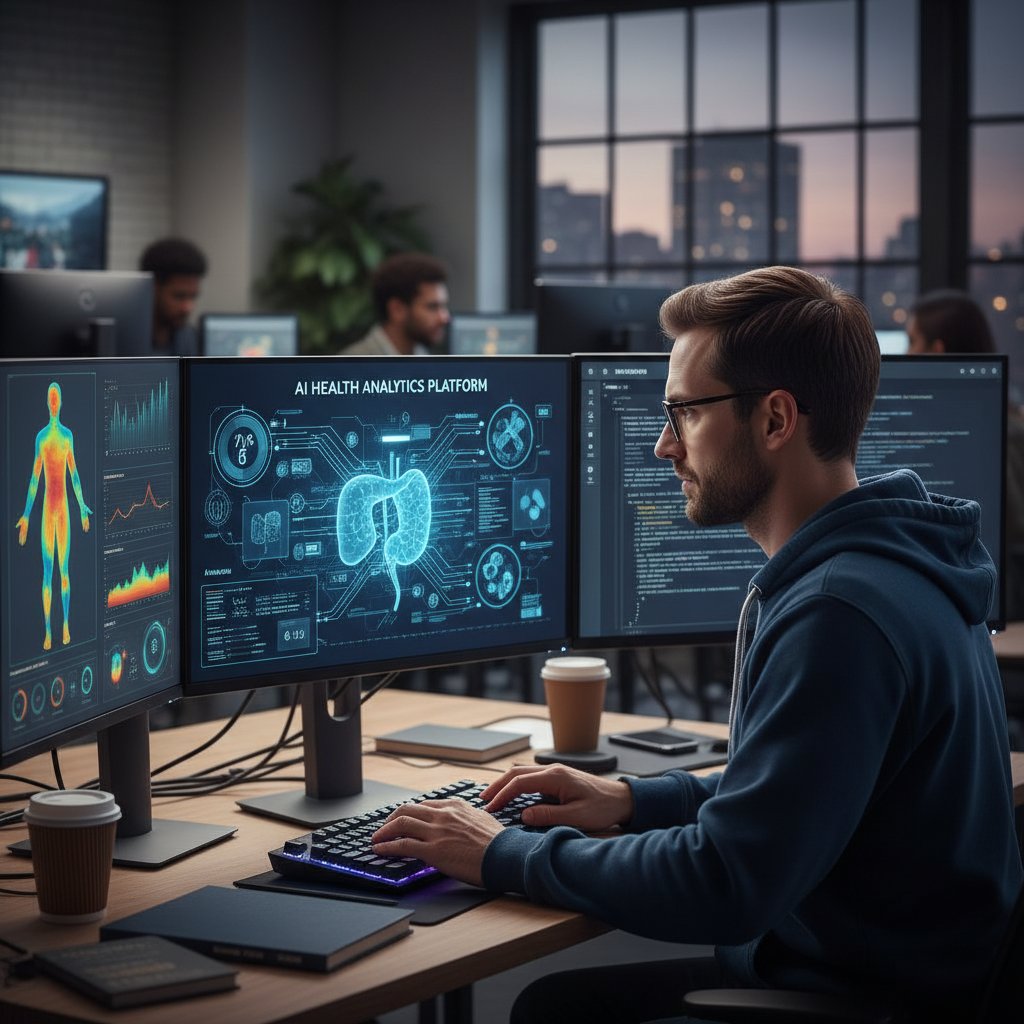 Programista analizujący kod algorytmu AI do zdrowia na ekranie monitora