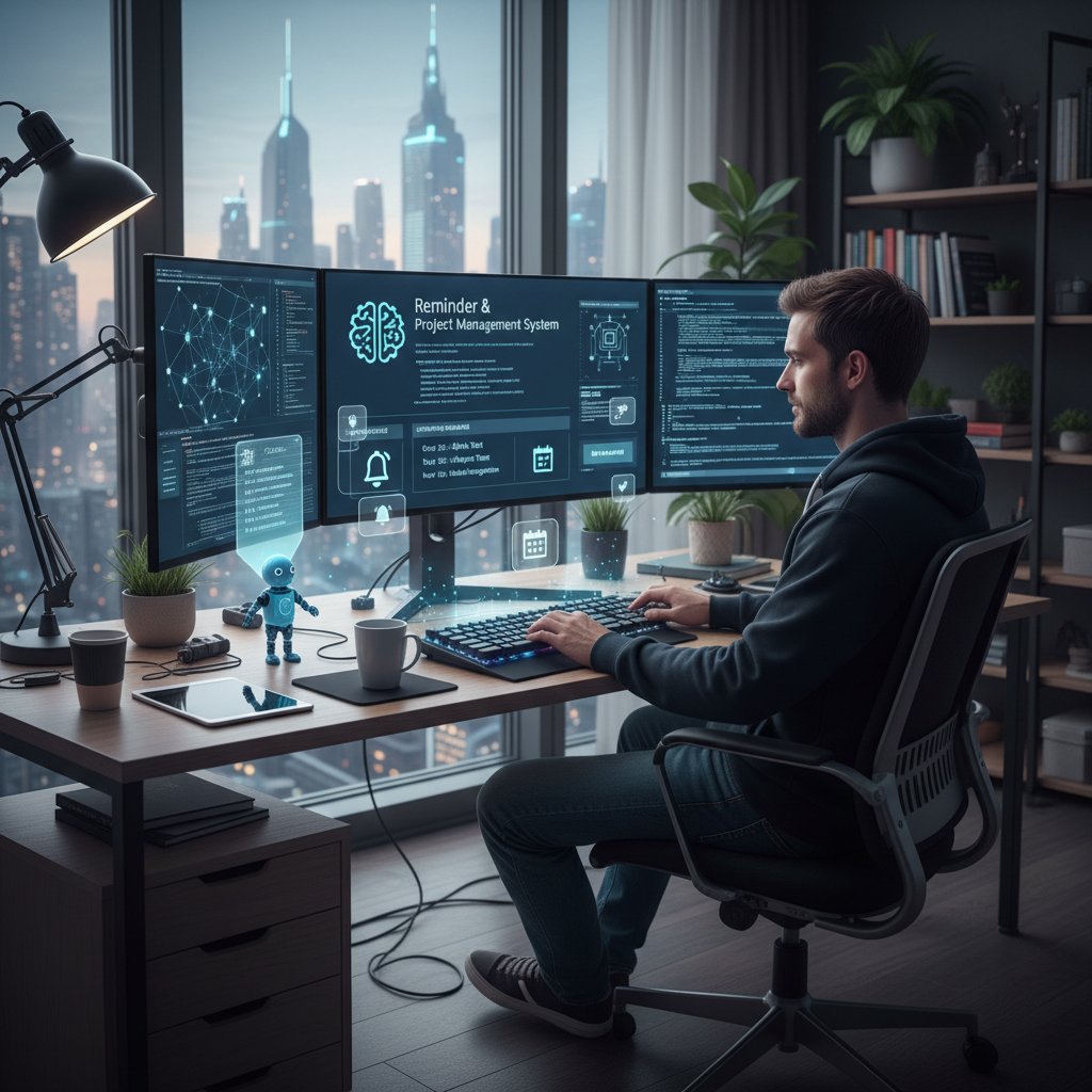 Programista analizuje algorytmy AI na ekranie, projektowanie systemu przypomnień
