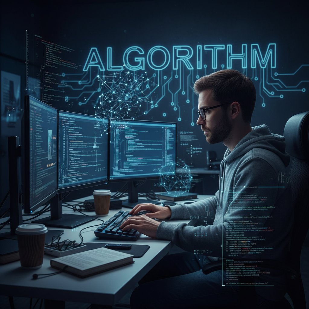 Programista analizujący kod algorytmów na ekranie komputera, symbolizujący logikę symptom checkerów