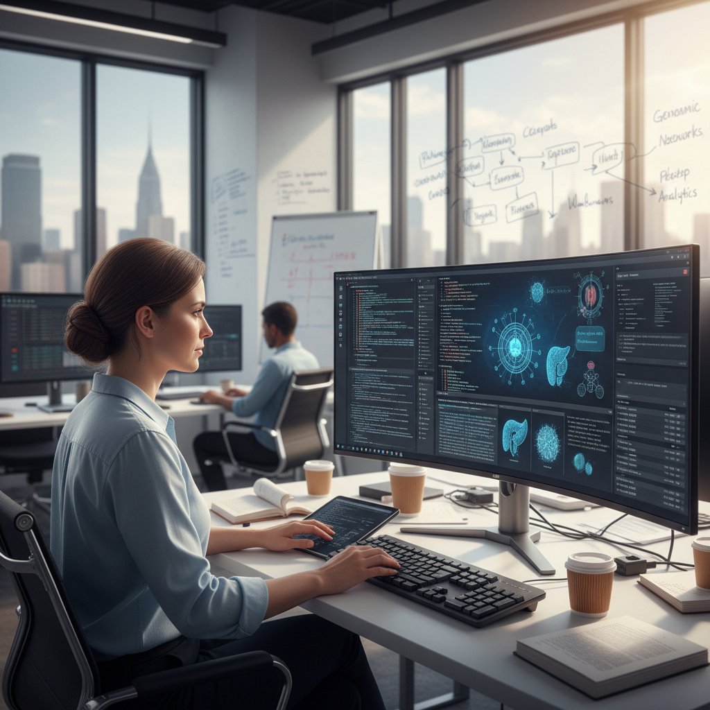 Programista analizujący kod AI w biurze, ekrany z danymi medycznymi, zaawansowana technologia