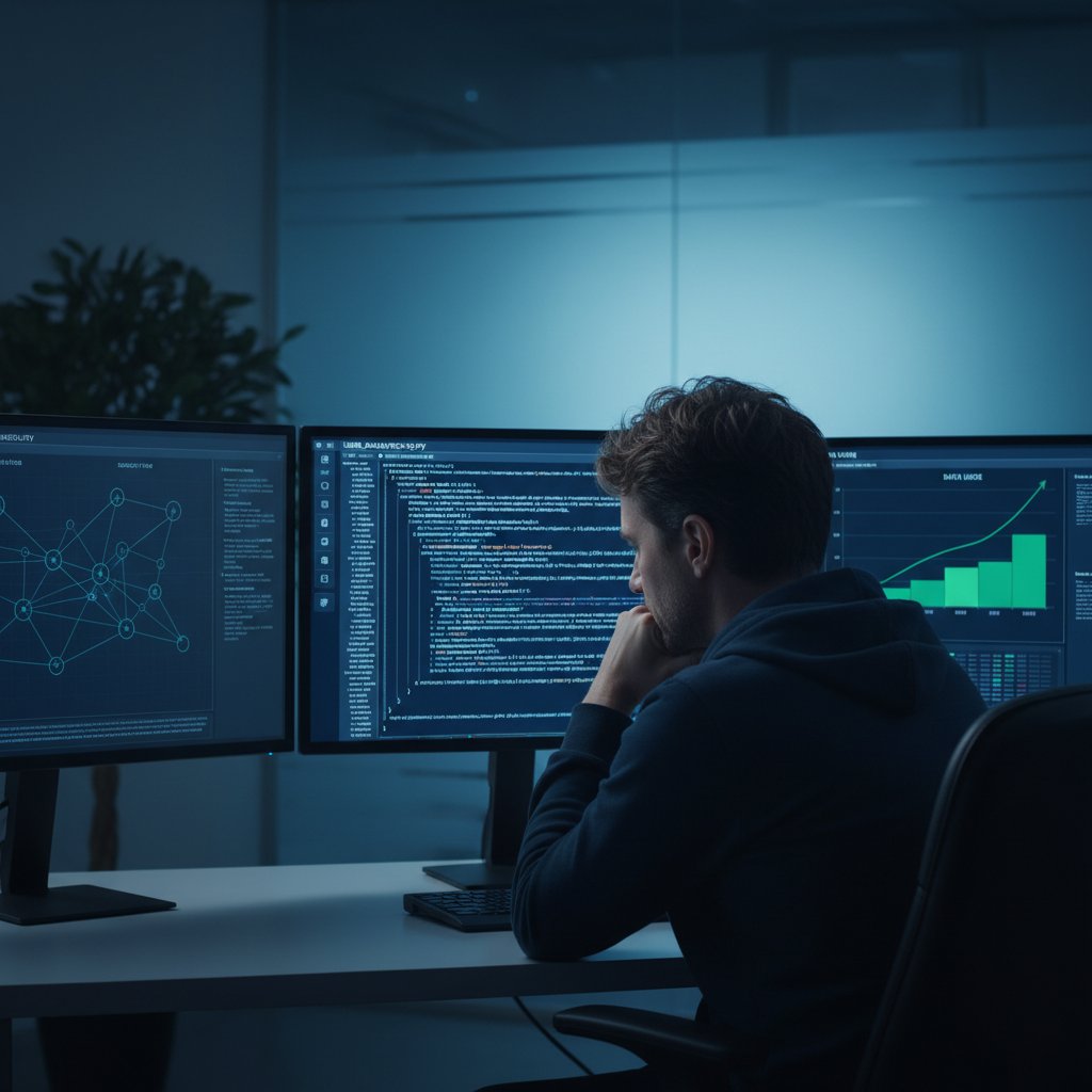 Programista analizujący dane użytkowników, ekran z kodem, temat prywatności