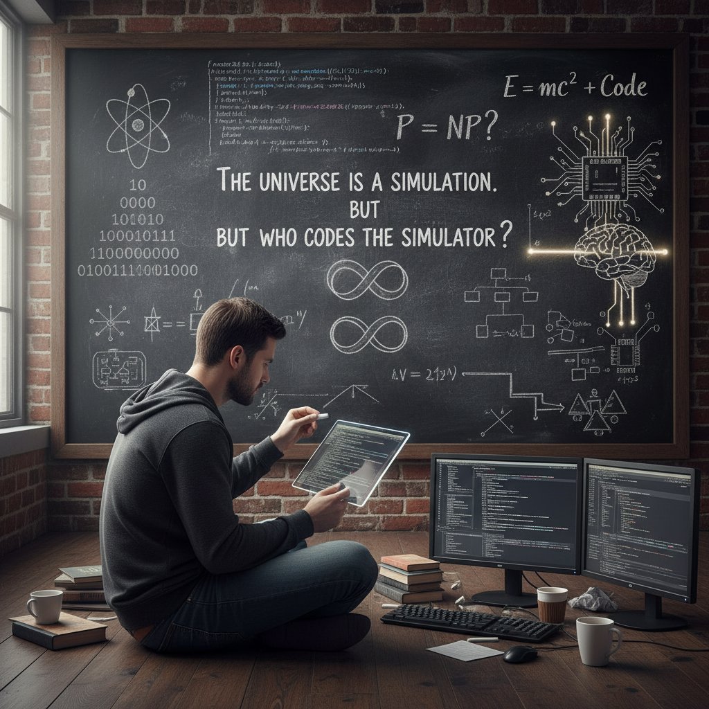 Zdjęcie programisty kodującego na tle tablicy z filozoficznymi pojęciami