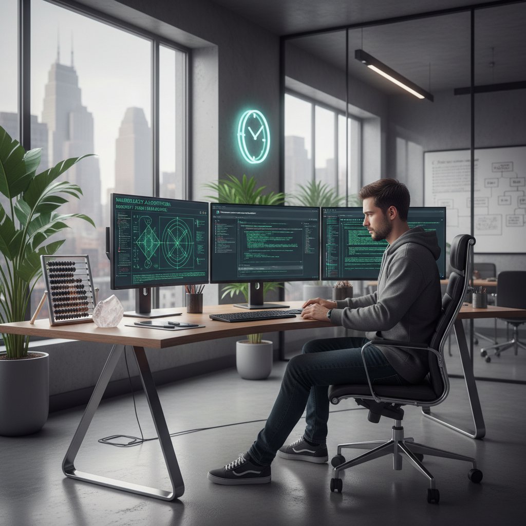 Programista pracuje przy laptopie, kodowanie algorytmów numerologicznych, nowoczesne biuro