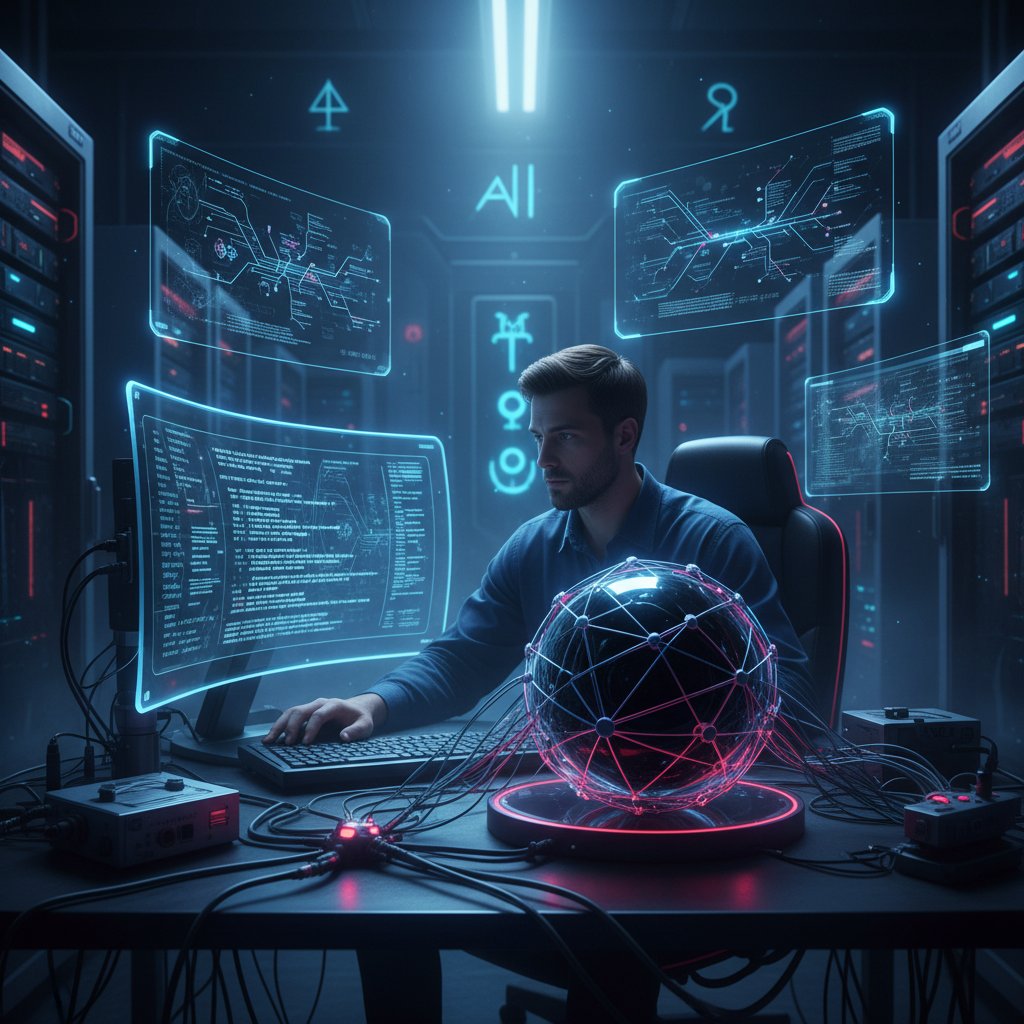Programista pracujący przy komputerze z algorytmami AI na ekranie, klimat tajemnicy i technologii
