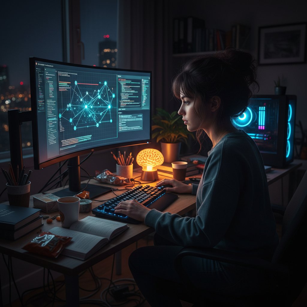 Zdjęcie programisty pracującego przy komputerze nad projektem AI, na ekranie sieć neuronowa, światło nocne