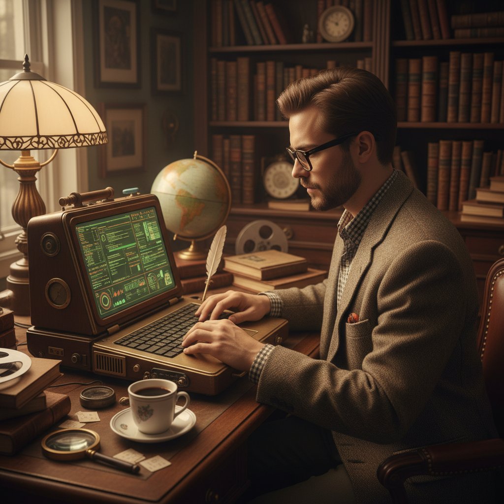 Programista analizuje dane na ekranie komputera, wykresy trendów vintage, nowoczesne biuro