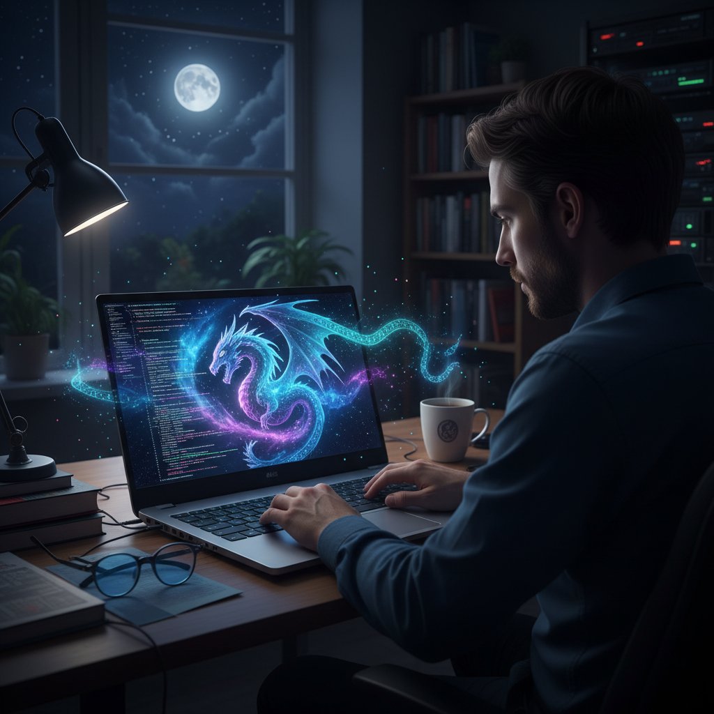 Programista pracujący nocą nad kodem AI, ekran laptopa z kodem, mistyczna tapeta, aura skupienia