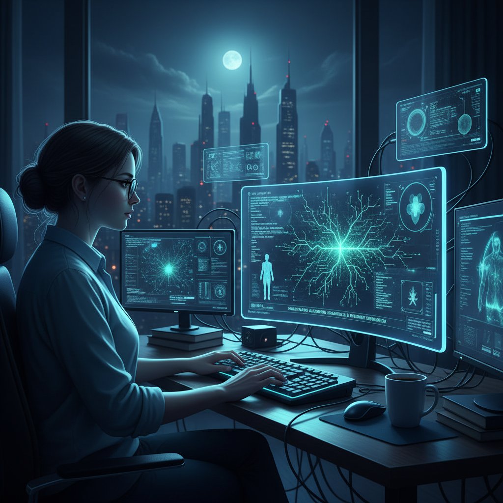 Programista pracujący nocą przy ekranie komputera, na którym widoczne są algorytmy i wykresy zdrowotne – symbol pracy AI nad informacjami zdrowotnymi przez całą dobę