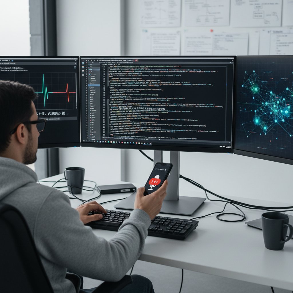 Programista testujący kod AI, ekran z tłumaczeniem na żywo