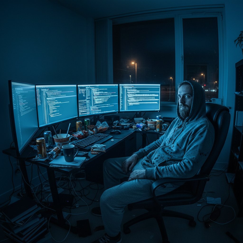 IT-owiec przy komputerze, zmęczenie, noc, wypalenie zawodowe