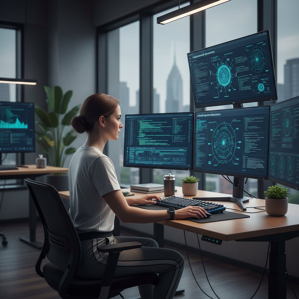 Programista pracuje nad algorytmem AI w kontekście zdrowia, ekran komputera pełen kodu, współczesne biuro