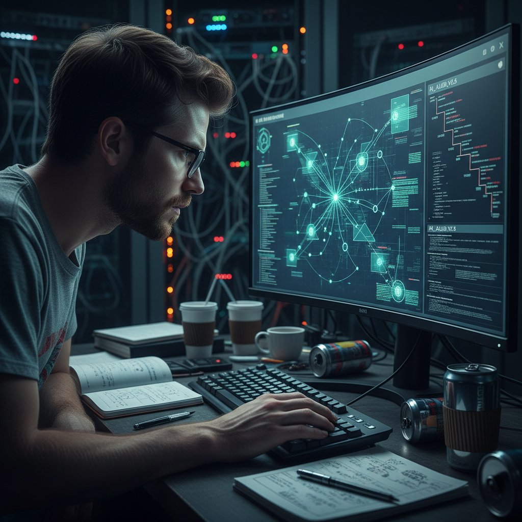 Programista analizujący kod algorytmu AI, ekran z danymi, skupienie