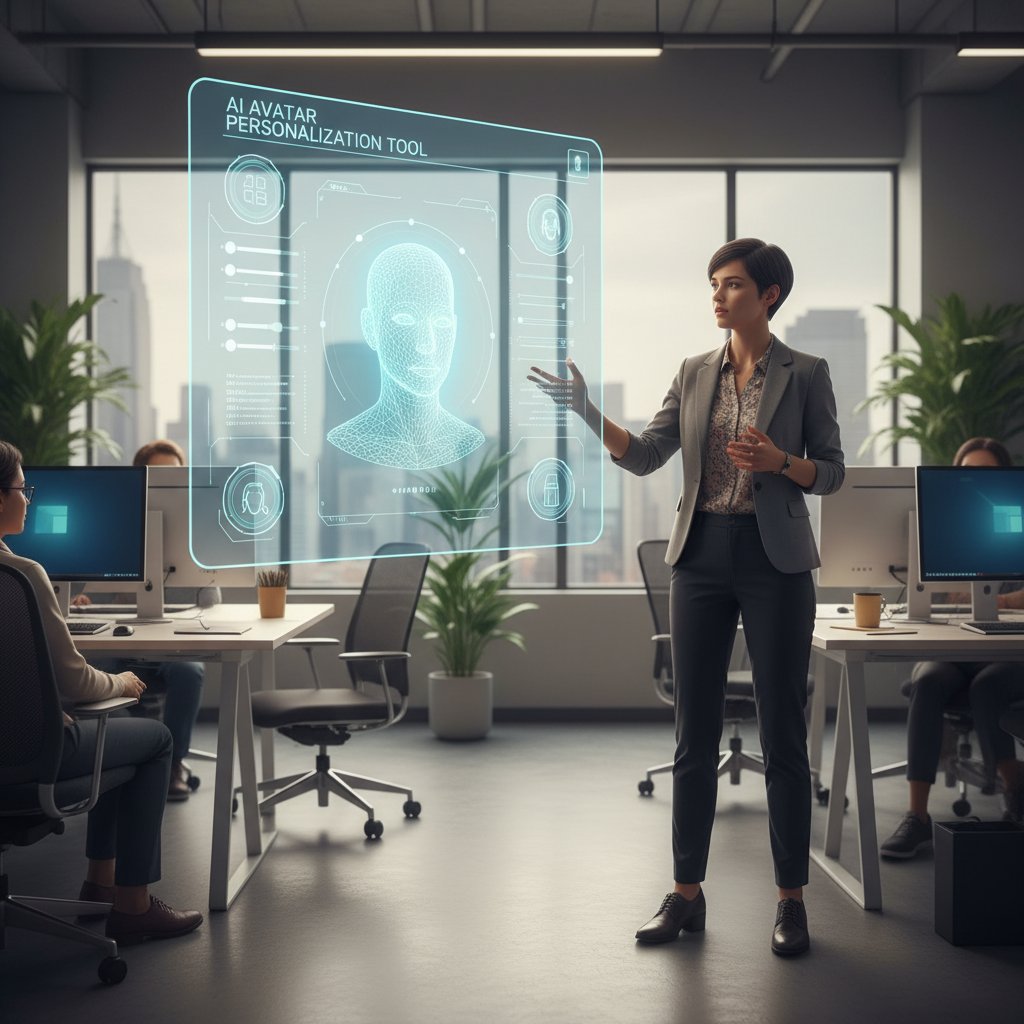 Programista prezentujący panel narzędzia do personalizacji awatara AI w nowoczesnym biurze