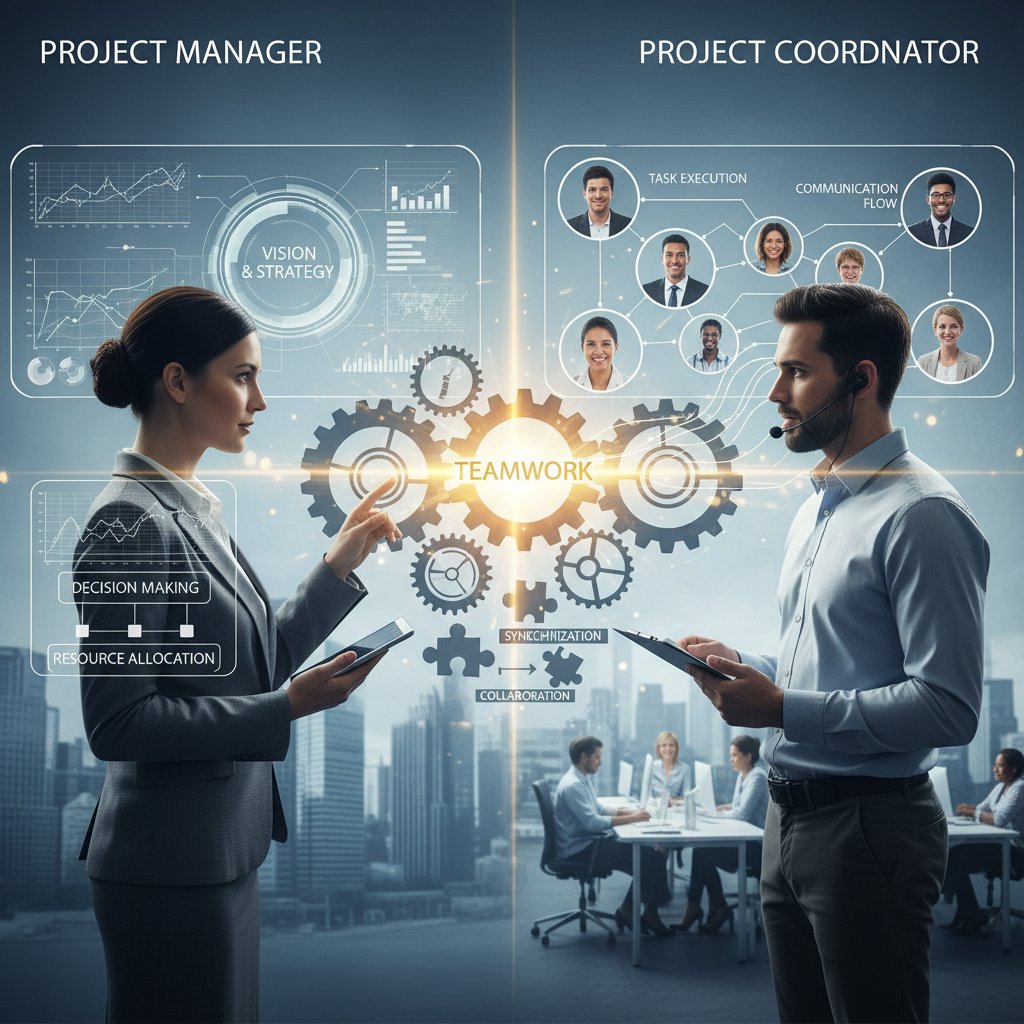 Comparing project manager and coordinator roles in action with team members facilitating collaboration and directing tasks