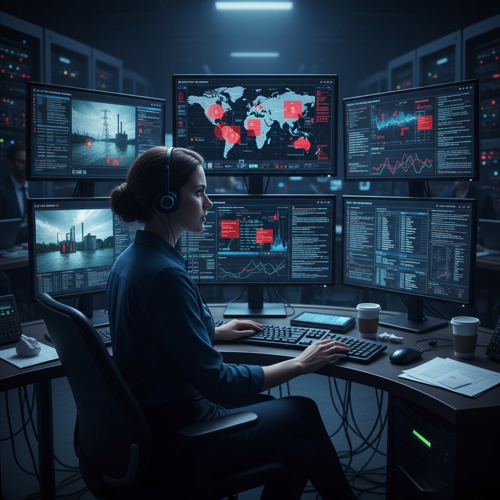 Project coordinator navigating a crisis in real time, tense digital office with multiple screens