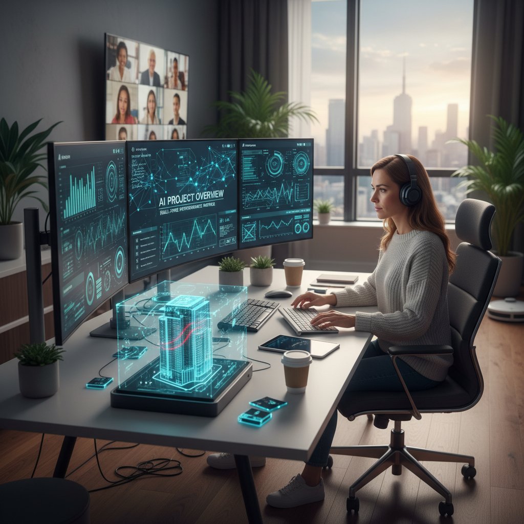Lider projektowy analizujący dane AI na laptopie, nowoczesne biuro domowe