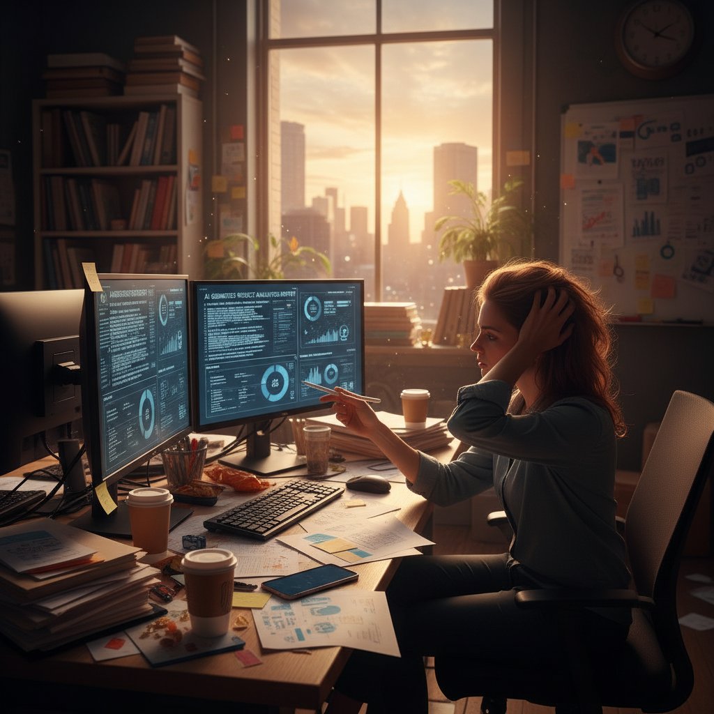 Project manager reviewing AI-generated reports late at night, documentary style, cluttered office, evening light