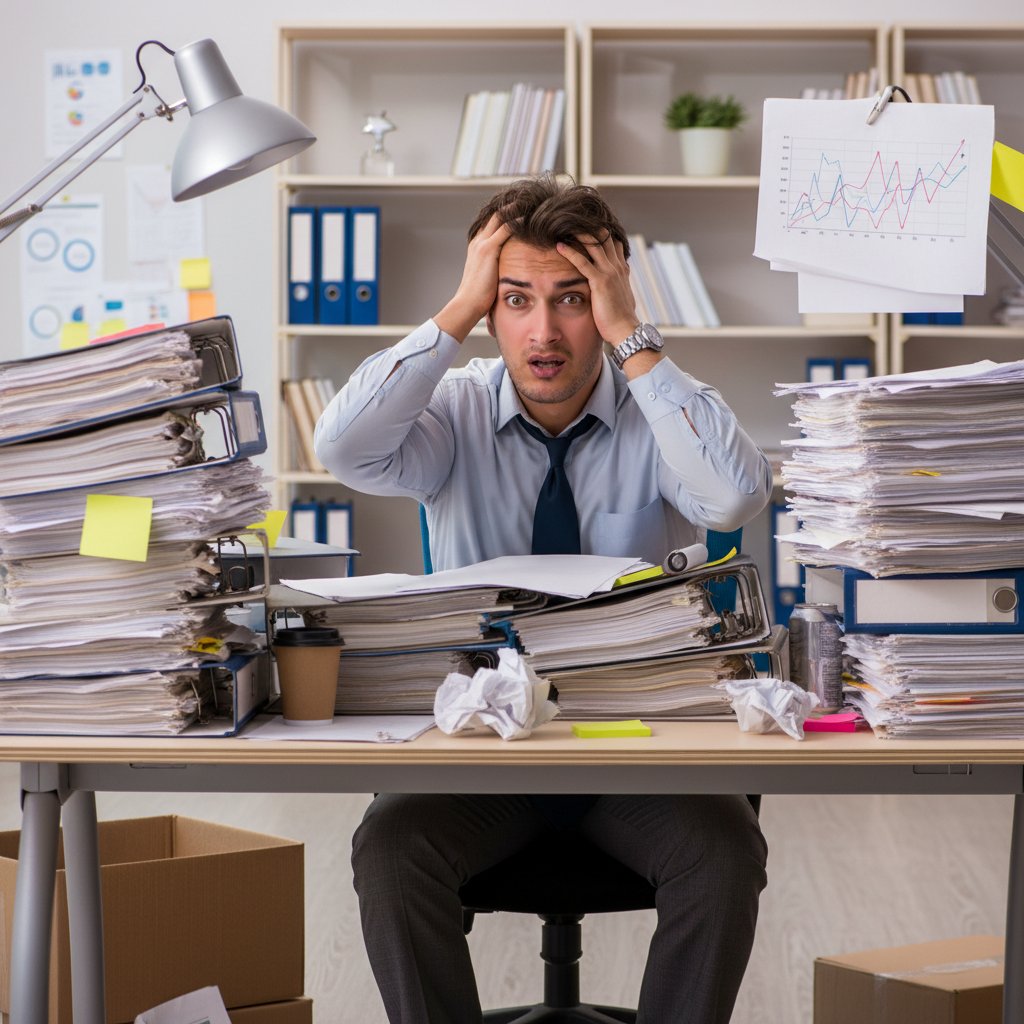 Project manager overwhelmed by disorganized documents, illustrating the challenge to generate project documents efficiently