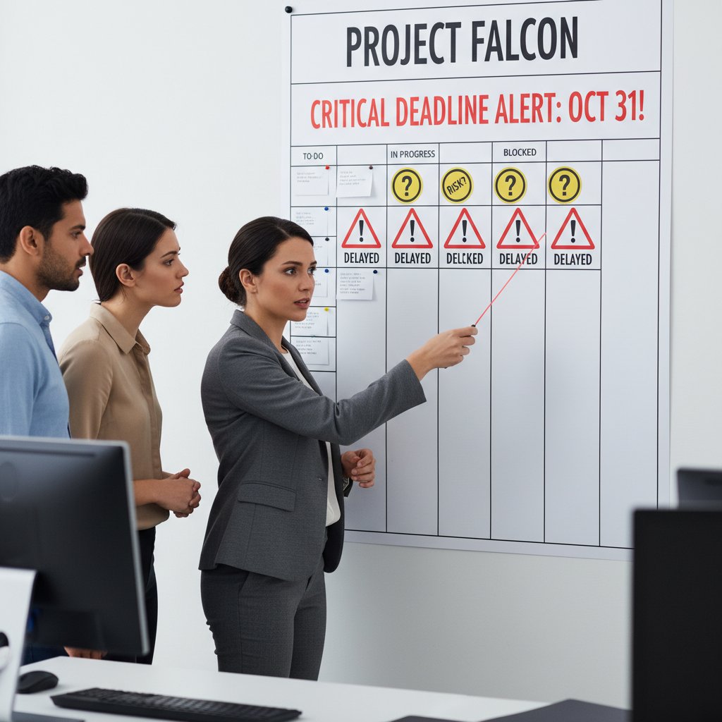 Project Manager analizujący sygnały ostrzegawcze na tablicy w biurze