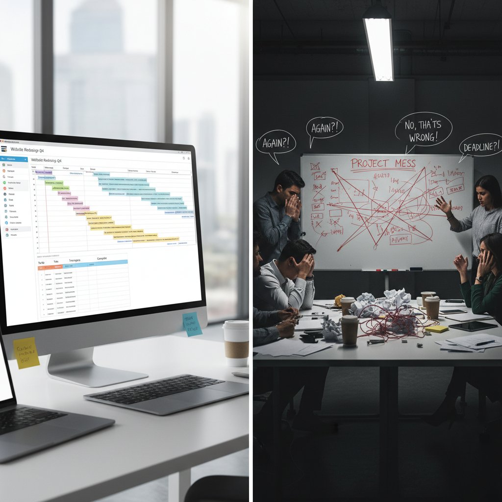 Photo of team staring at a wall of identical templates, looking frustrated and uninspired, project plan templates scattered