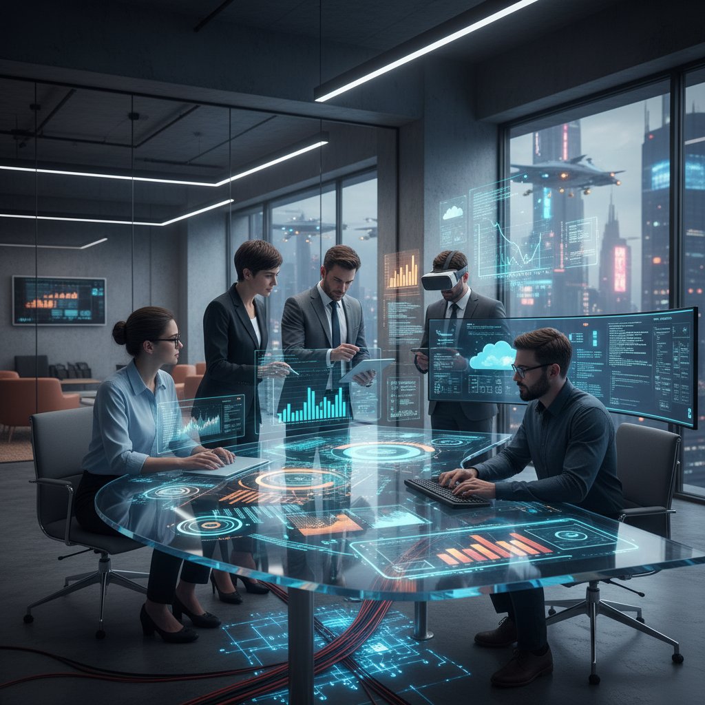 Zespół projektowy analizujący dane na ekranie, symbolizujący współczesne zarządzanie zasobami technologicznymi i cyfrową transformację