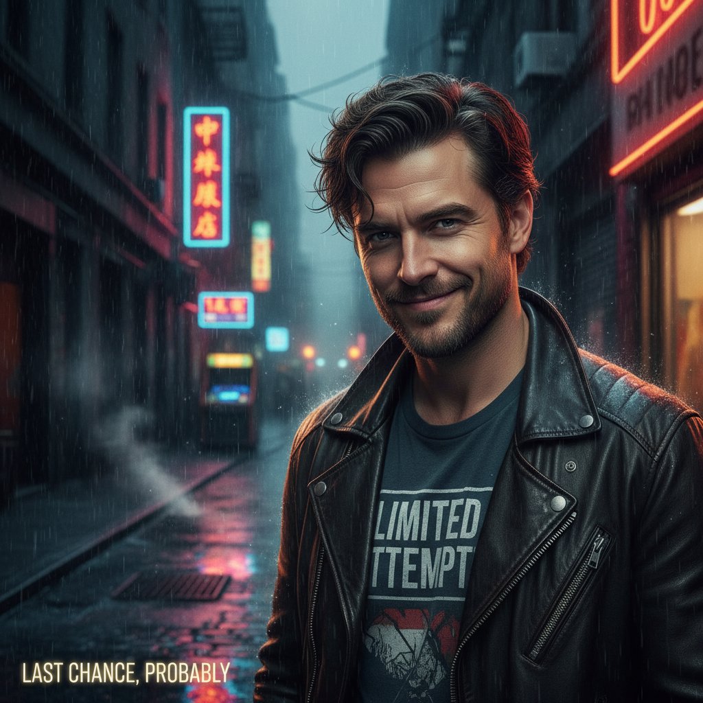 Close-up of a protagonist smirking after a failed attempt, urban background, moody lighting, movie limited attempts comedy
