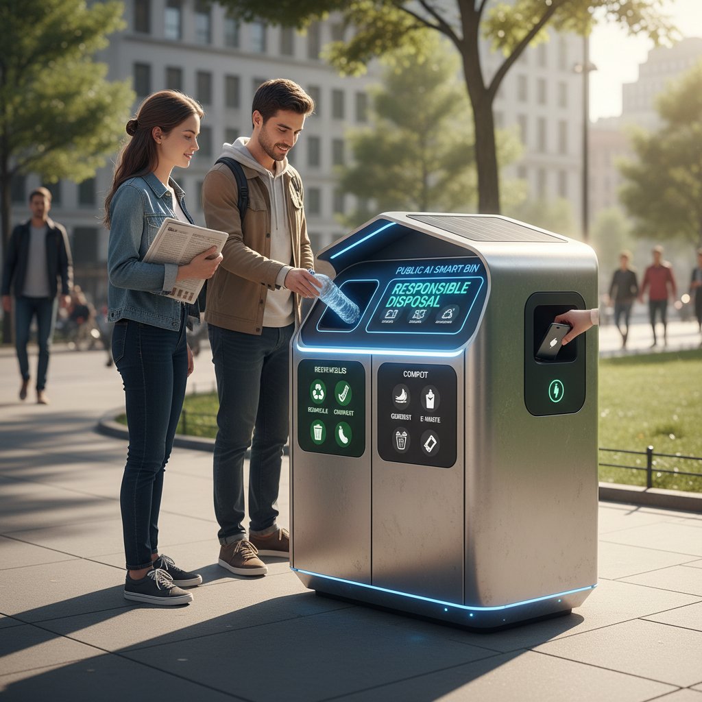 Public AI smart bin with people disposing of waste.