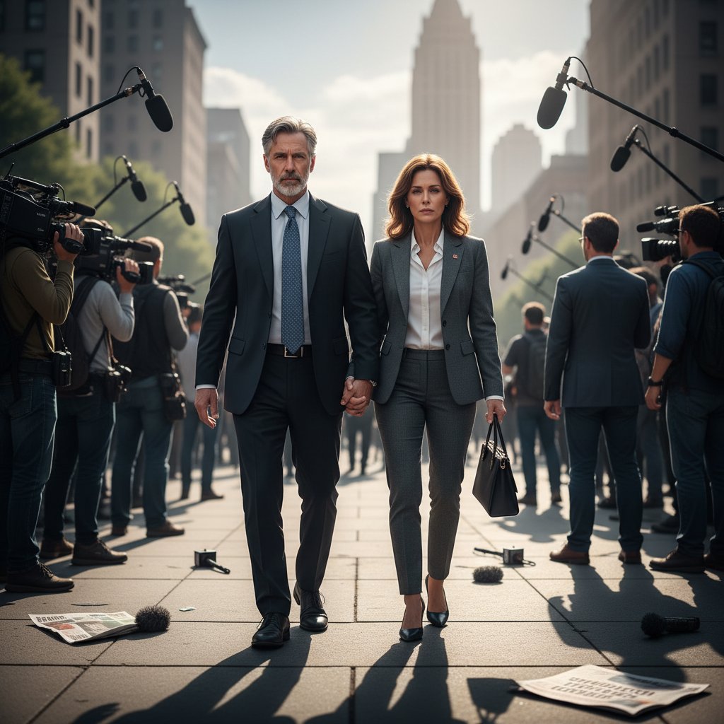 Public figure couple walking away from press, united, after scandal, relationship advice